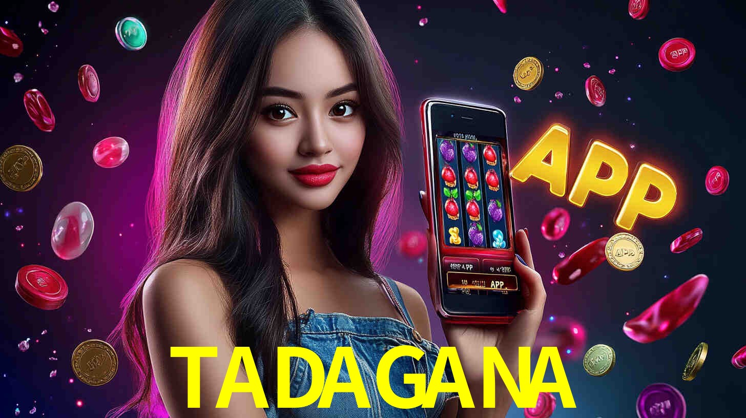 Escena dinámica inspirada en casino con iluminación TADAGANA, cartas, fichas e íconos de juegos digitales en un espacio moderno de juegos.